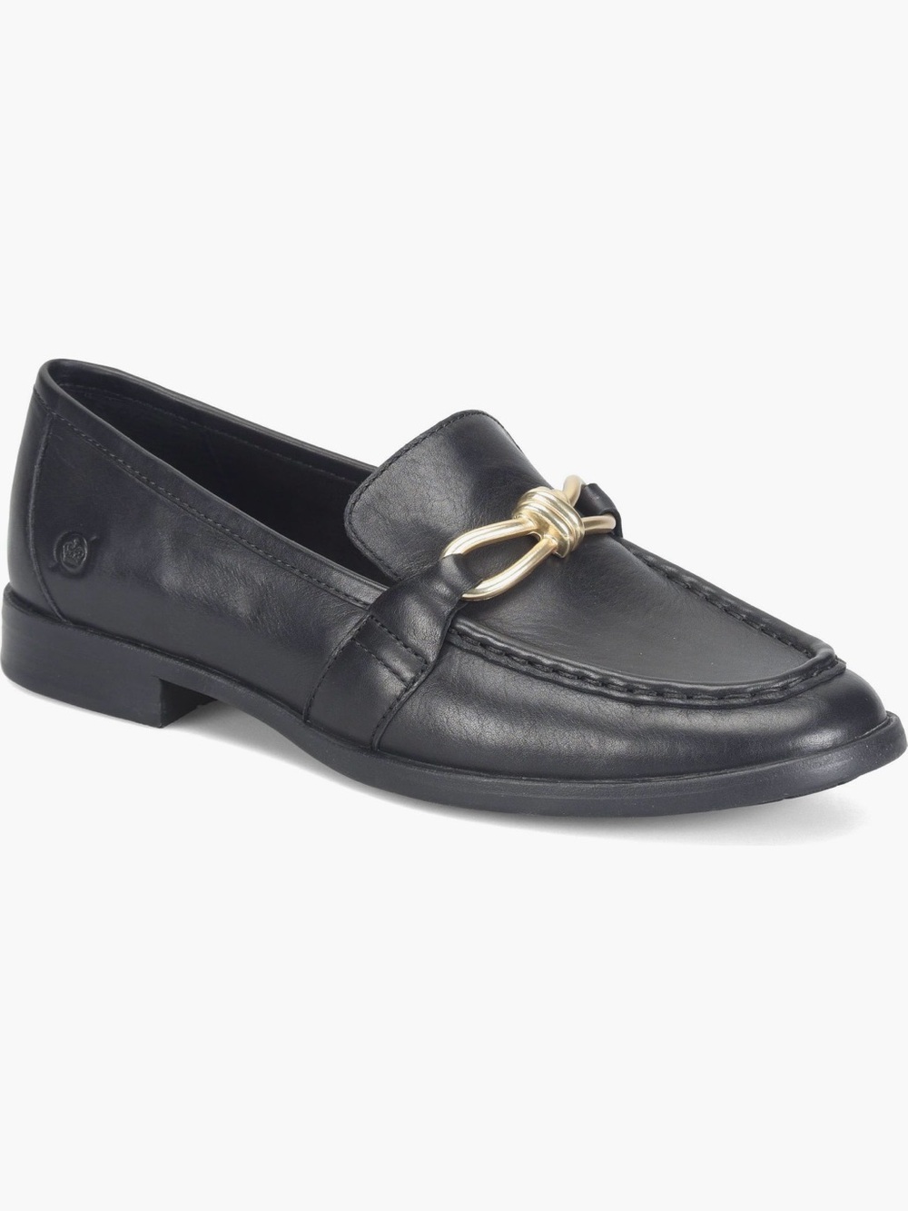 Born Caley Black Leather Loafer with Gold Knot Bit Accent